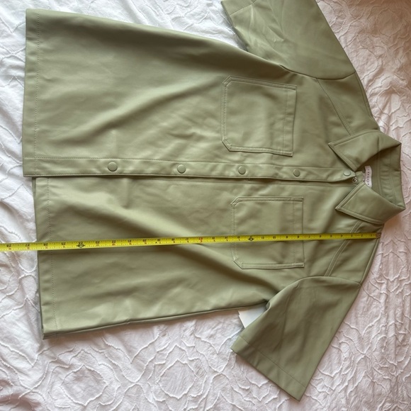 Topshop Sage Green Leather Jacket Short Sleeve Button Up Collar - Picture 8 of 8